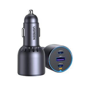 Automobilinis įkroviklis 75W 12-24V USB-A + 2xUSB-C QC3.0 PD3.0, pilkas