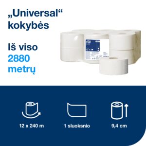 Tualetinis popierius Tork Universal Jumbo Mini T2 (120161), pilkos spalvos, 1 sluoksnis, 240 m, 1200 lapelių - Image 2