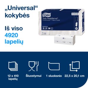 Popieriniai rankšluosčiai Tork PeakServe Continuous H5 (100585), 1 sluoksnio, baltos spalvos, lapeliais