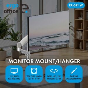 „Ergo Office“ monitoriaus laikiklis / pakaba, dujinė spyruoklė, 17–32 coliai, 1–10 kg, matinė balta spalva, maks. VESA 100x100, ER-691 W - Image 3