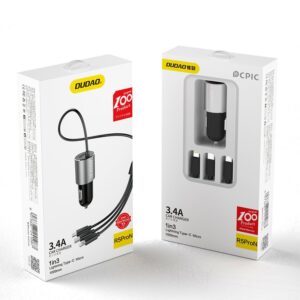 Dudao 3in1 USB Car Charger 3.4A Built-in Lightning / USB Type C / Micro USB Cable Black (R5ProN Black) - Image 5
