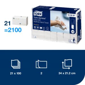 Servetėlės Tork Multifold Premium Extra Soft H2 (100297), 2 sluoksniai, baltos spalvos, 100 lapelių - Image 2