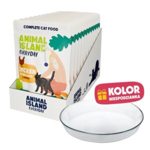 ANIMAL ISLAND Everyday Chicken in broth Box - šlapias kačių maistas - 12x85g + lėkštutė dovanų