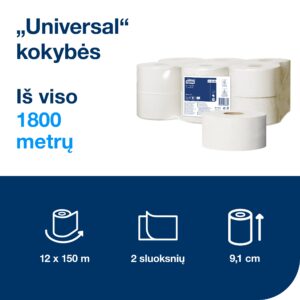 Tualetinis popierius Tork Universal Jumbo Mini T2, baltos spalvos, 110298, 2 sluoksniai, 150 m - Image 2