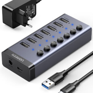 Šakotuvas USB 7 prievadų (USB-A 3.0, 4x krovimui) su maitinimo adapteriu DC 12V/2A, pilkas