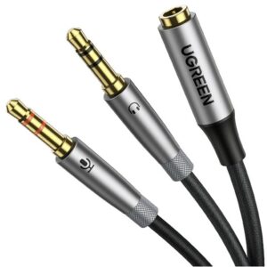Kabelis adapteris 3.5mm 4-pin lizdas - 2x3.5mm kištukai (ausinėms/mikrofonui) 0.2m, juodas AV193 UGREEN