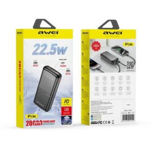 AWEI PowerBank P13K 20000mAh 22.5W juodos spalvos Digital Display - Image 2