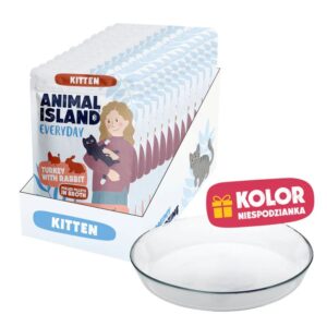 ANIMAL ISLAND Everyday Kitten Turkey and rabbit in broth Box - šlapias kačių maistas - 12x85g + lėkštutė dovanų