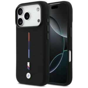 BMW M Silicon Tricolor Line MagSafe dėklas skirtas Apple iPhone 17 Pro juodos spalvos
