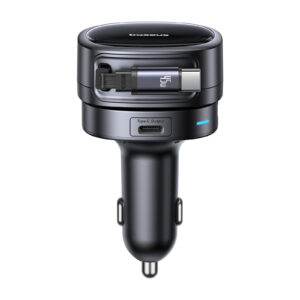 Automobilinis įkroviklis PrimeTrip VR1 60W 12-24V USB-A + USB-C QC PD su ištraukiamu 0.8m USB-C laidu, juodas