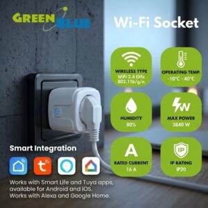 „GreenBlue“ nuotoliniu būdu valdoma „Wi-Fi“ rozetė, „Android“/„iOS“/„Alexa“/„Google Home“, laikmatis, vatmetras, maks. 16 A/3840 W, GB735 W - Image 3