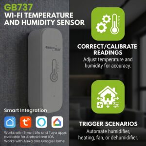 „GreenBlue“ WiFi temperatūros ir drėgmės jutiklis, „Android“/„iOS“/„Alexa“/„Google Home“, 3,0 V DC, LR03x2, GB737