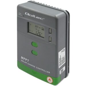 Qoltec 53661 Saulės įkrovimo valdiklis MPPT su temperatūros jutikliu 20A | 12V / 24V | LCD | 2x USB