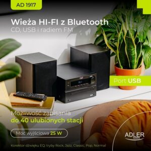 Adler AD 1917 HI-FI bokštas Bluetooth/ CD/ USB/ FM radijas Juodas - Image 3