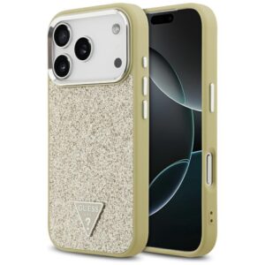 Guess Glitter Triangle Logo MagSafe dėklas Apple iPhone 17 Pro gold