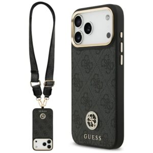 Guess 4G Srtass Logo & Big Strap Metal Buttons MagSafe dėklas skirtas Apple iPhone 17 Pro Max juodos spalvos