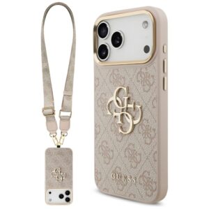 Guess 4G Big 4G Classic Logo Big Strap Metal Buttons dėklas skirtas Apple iPhone 17 Pro Max rožinės spalvos