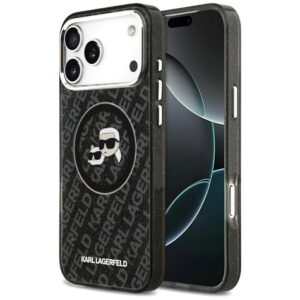 Dėklas Karl Lagerfeld IML Glitter Karl & Choupette Heads Logo MagSafe for Apple iPhone 17 Pro Max juodos spalvos