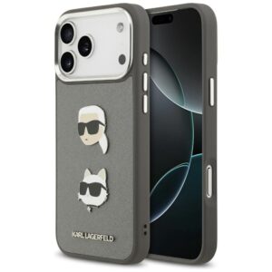 Karl Lagerfeld FW Grained Karl & Choupette Heads Pins & Logo dėklas skirtas Apple iPhone 17 Pro Max pilkos spalvos - Image 1
