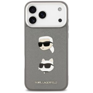 Karl Lagerfeld FW Grained Karl & Choupette Heads Pins & Logo dėklas skirtas Apple iPhone 17 Pro Max pilkos spalvos - Image 3