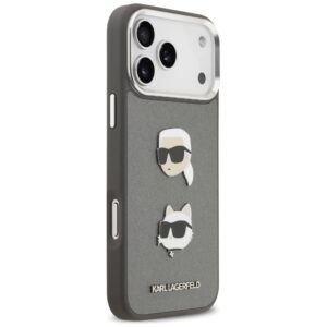 Karl Lagerfeld FW Grained Karl & Choupette Heads Pins & Logo dėklas skirtas Apple iPhone 17 Pro Max pilkos spalvos - Image 4