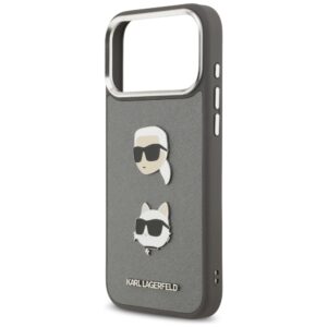 Karl Lagerfeld FW Grained Karl & Choupette Heads Pins & Logo dėklas skirtas Apple iPhone 17 Pro Max pilkos spalvos - Image 6
