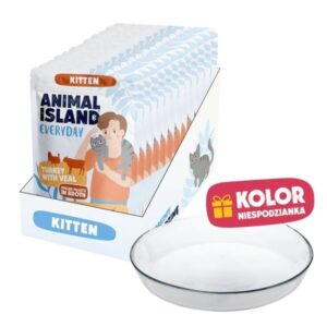 ANIMAL ISLAND Everyday Kitten Turkey and veal in broth Box - šlapias kačių maistas - 12x85g + lėkštutė dovanų