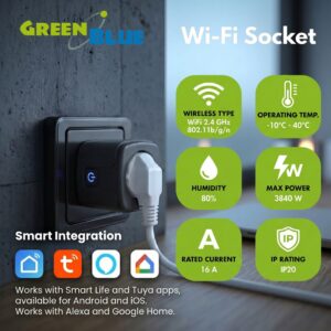 „GreenBlue“ nuotoliniu būdu valdoma „Wi-Fi“ rozetė, „Android“/„iOS“/„Alexa“/„Google Home“, laikmatis, vatmetras, maks. 16 A/3840 W, GB735 B - Image 1