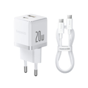 Sieninis įkroviklis Palm 20W USB + USB-C QC3.0 PD3.0 su USB-C kabeliu 1m, baltas