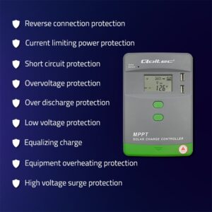 Qoltec 53661 Saulės įkrovimo valdiklis MPPT su temperatūros jutikliu 20A | 12V / 24V | LCD | 2x USB - Image 2