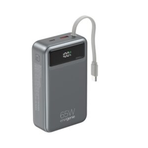Gembird PB20-PD65-LCD-01 Greito įkrovimo išorinė baterija su integruotais laidais, 65 W, 20000 mAh, juoda