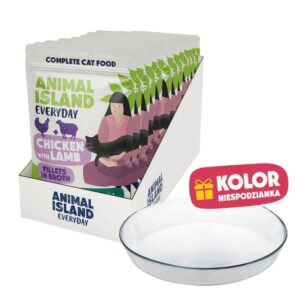 ANIMAL ISLAND Everyday Chicken with lamb in broth Box - šlapias kačių maistas - 12x85g + lėkštutė dovanų