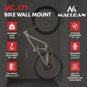„Maclean“ dviračių laikiklis / sieninis kabliukas, maks. apkrova 35 kg, reguliuojamas pasvirimo kampas, plienas, MC-171 - Image 1