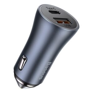 Automobilinis įkroviklis 40W 12-24V USB + USB-C QC PD su Lightning kabeliu 1m, pilkas