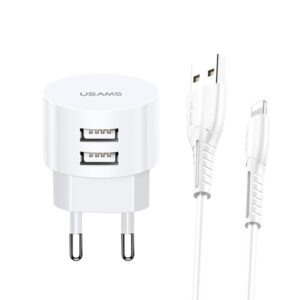 USAMS laidinis įkroviklis 2xUSB T20 2.1A Lightning baltos spalvos Round Fast Charging XTXLOGT1804