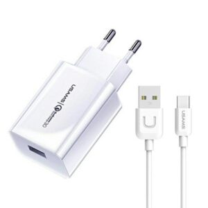 USAMS laidinis įkroviklis 1xUSB T22 18W 3A QC3.0 + USB-C cable 1m baltos spalvos (T48) T48OCLN01
