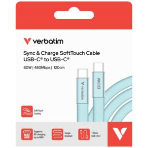 Kabelis Verbatim Sync & Charge SoftTouch USB-C į USB-C 60W PD3.0 120cm žydros spalvos 30273 - Image 3