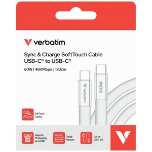 Kabelis Verbatim Sync & Charge SoftTouch USB-C į USB-C 60W PD3.0 120cm baltos spalvos 30274 - Image 3
