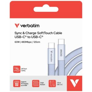 Kabelis Verbatim Sync & Charge SoftTouch USB-C į USB-C 60W PD3.0 120cm violetinės spalvos 30275 - Image 3