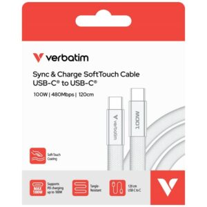Kabelis Verbatim Sync & Charge SoftTouch USB-C į USB-C 100W PD3.0 120cm baltos spalvos 30277 - Image 3