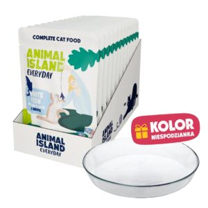 ANIMAL ISLAND Everyday White fish in broth Box - šlapias kačių maistas - 12x85g + lėkštutė dovanų
