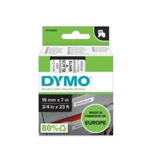 Etikečių juostelė Dymo D1, 19mmx7m, baltos spalvos juostelė ir juodos spalvos šriftas