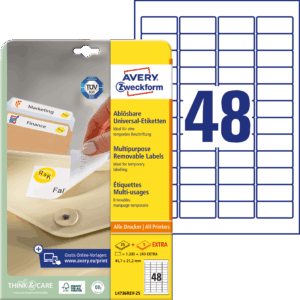 Lipnios etiketės Avery Zweckform, A4, nuimamos, 45.7x21.2mm, 48 etiketės lape, 25 lapai