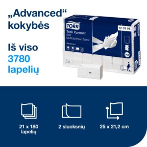 Servetėlės Tork Multifold Advanced Soft H2 (120398), 2 sluoksniai, baltos spalvos, 180 lapelių - Image 3