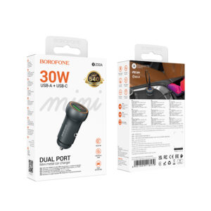Borofone automobilinis įkroviklis BZ32A Fresh - USB + Typ C - QC 3.0 PD 30W pilkos spalvos - Image 5