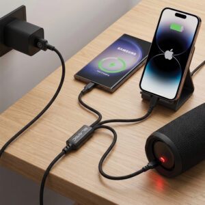 Blavec Kabel Trixo pleciony - USB į 2xTyp C + Lightning - QC 18W PD60W 3A 1,3 m.a (CTR-U2CL3B13) juodos spalvos - Image 3