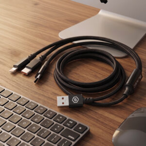 Blavec Kabel Trixo pleciony - USB į 2xTyp C + Lightning - QC 18W PD60W 3A 1,3 m.a (CTR-U2CL3B13) juodos spalvos - Image 4