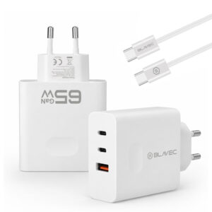 Blavec laidinis įkroviklis BC-11 GaN - USB + 2xTyp C - QC PD 65W 3A z kablem Typ C į Typ C (TCBC11G-U2CW653A) baltos spalvos - Image 3