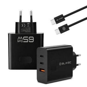 Blavec laidinis įkroviklis BC-11 GaN - USB + 2xTyp C - QC PD 65W 3A z kablem Typ C į Typ C (TCBC11G-U2CB653A) juodos spalvos - Image 3