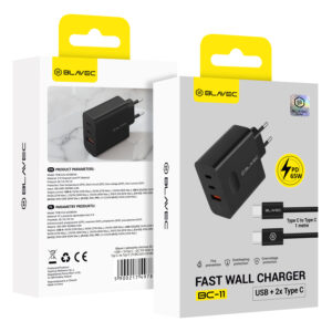 Blavec laidinis įkroviklis BC-11 GaN - USB + 2xTyp C - QC PD 65W 3A z kablem Typ C į Typ C (TCBC11G-U2CB653A) juodos spalvos - Image 6